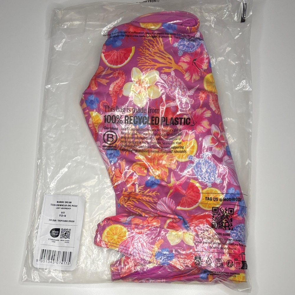 NWT Modibodi Teen Period Swimsuit, One Piece, Tropicana Crush, Size‎ Y12-14 - Picture 4 of 5